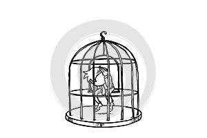 Depressed man locked up in bird cage. Concept of unfulfill life.