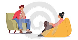 Depressed Man Sitting on Couch at Psychologist Appointment for Professional Help. Doctor Specialist Talking with Patient