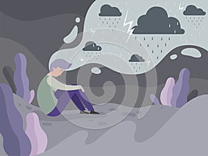 Depressed people. Loneliness alone in the city tired man rainy weather vector concept background