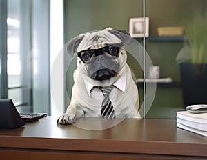 Depressed pug dog working in office. Concept of officer, chairman, chief or boss. AI generated image