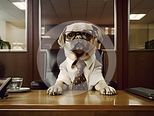 Depressed pug dog working in office. Concept of officer, chairman, chief or boss. AI generated image photo