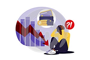 Depressed sad african man thinking over problems. Bankruptcy, loss, crisis, trouble concept. Vector illustration. Flat
