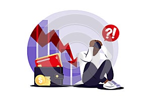 Depressed sad african man thinking over problems. Bankruptcy, loss, crisis, trouble concept. Vector illustration. Flat