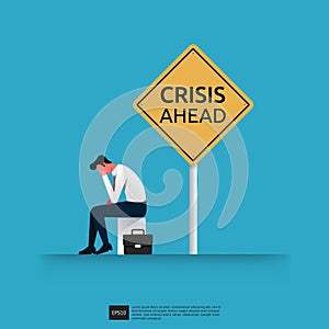 Depressed sad businessman thinking over problems. Crisis sign concept, vector illustration
