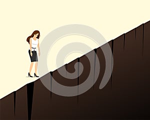 Depressed sad businesswoman stand on cliff edge. Business woman crisis and burnout concept. Tired lady looking down to