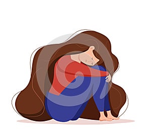 Depressed sad lonely woman in anxiety, sorrow vector cartoon illustration.