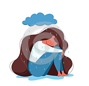 Depressed sad lonely woman in anxiety, sorrow vector cartoon illustration.