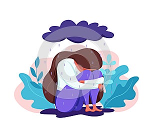 Depressed sad lonely woman in anxiety, sorrow vector cartoon illustration.