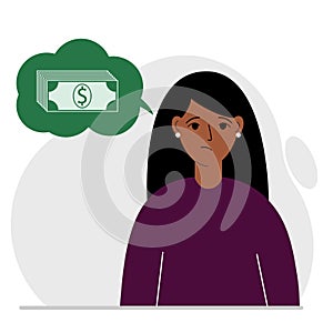 Depressed sad person thinks about financial problems and debt. A woman needs money. Vector of bankruptcy, loss, crisis