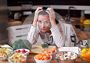 Depressed and sad woman in kitchen