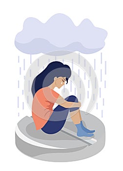 Depressed Sad woman sit on drug tablet. Depression pills isolated on white background. Depression drugs. Psychological
