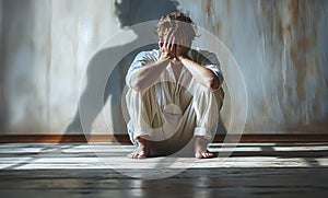 depressed scared victim of violence crying young male with mental disorders sits on floor against wall with silhouette