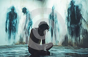 depressed schizophrenic male psychopath with mental disorders and hallucinations sits on floor against wall with photo