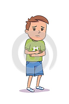 Depressed sick boy hugging himself, clasping hands. Child isolated on white background. Vector character illustration of