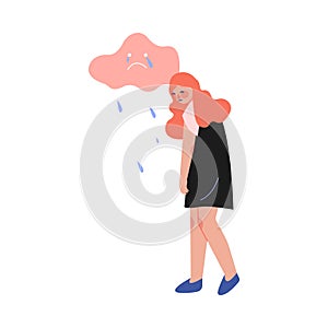 Depressed Teen Girl under Rain Cloud, Teenage Puberty Problems Concept Vector Illustration