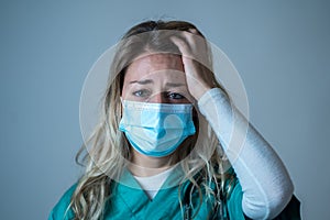 Depressed and tired female Doctor or Nurse Wearing Protective Medical Face Mask portrait