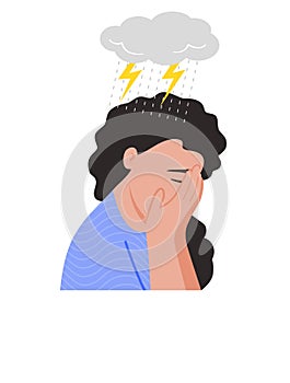 Depressed woman covered her face with her hands and thunder and strom sign of depress above her head, depress and anxiety concept