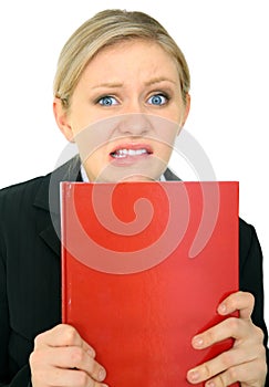 Depressed Woman Holding Blank Red Book