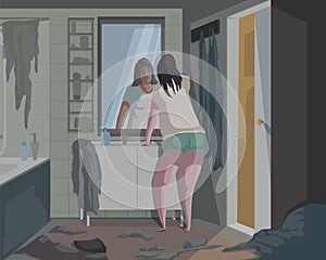 Depressed woman looks at the mirror in messy bathroom. Apathy, loneliness and despair emotions.