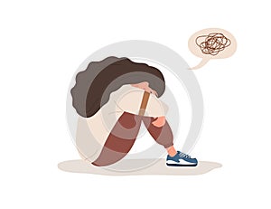 Depressed woman. Sad teenager sitting on floor and crying. Violence in family or mood disorder concept. Vector