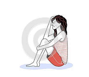 Depressed woman sitting on white background mental disorder