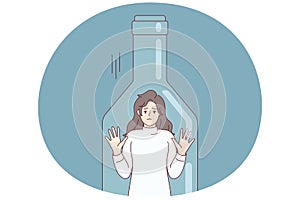 Depressed woman standing inside transparent bottle cant get out due to alcohol abuse. Vector image