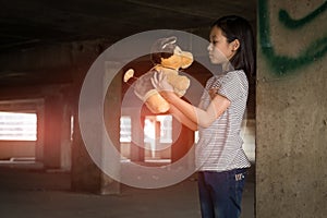 Depressed young girl standing alone in an abandoned building,Neglected,Children with Behavioral and Emotional Disorders photo