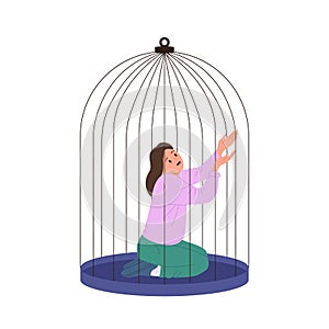 Depressed young woman cartoon character trapped in cage feeling fear and helpless isolated on white