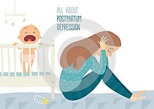 Depressed young woman with cute baby. Postpartum depression. Postnatal depression. photo