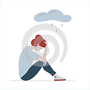 Depressed young woman sitting under rainy cloud. Concept of stress, depression, bad mood, sadness, unhappy, mental illness,