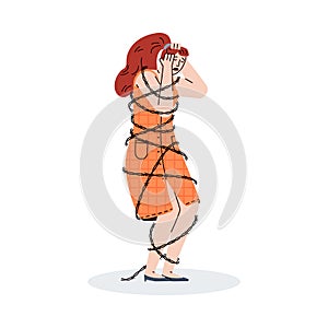Depressed young woman stands entangled by barbed wire a vector illustration