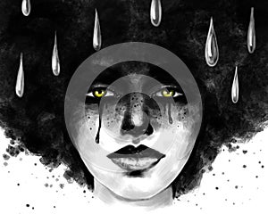 Depression anxiety and tears. art portrait of a crying woman with a lush hairstyle and tears in her eyes in the rain