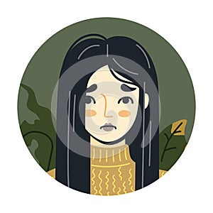 Depression, apathy and sadness. Portrait of sad woman. Round avatar. Bad mental health. Cartoon vector illustration