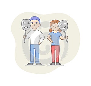 Depression Concept. Characters Suffering From Depression. Sad Man And Woman Standing Together Holding Masks. Emotions