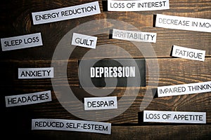 Depression concept. inscription depression on paper and around various symptoms of depression on a brown wooden table. top view