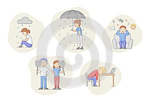 Depression Concept. Set Of Characters Suffering From Depression. Sad Men And Women Under The Rain. Overcast Weather