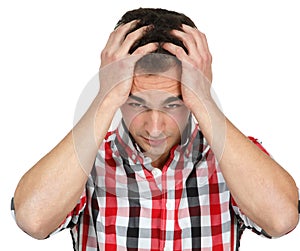 Depression flu young man with headache over white