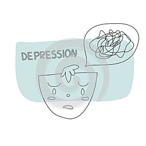 Depression. Line art vector illustration of a   man in depressive state of mind. Heartbreak and sad doodle art sketch people. Psyc