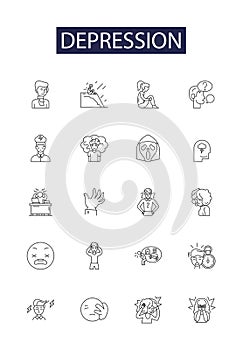 Depression line vector icons and signs. Gloom, Unhappiness, Loneliness, Hopelessness, Despair, Despondency