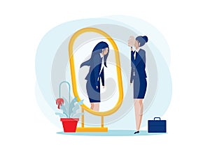 Depression Mask.business woman  standing with mirror and seeing themselves as shadow behind. depression and melancholy concept of