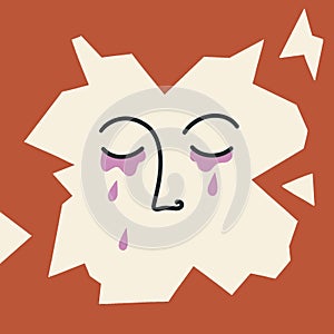 Depression, mentally broken state of mind, tears, expression emotions of sadness illustrations with cracked crying face.