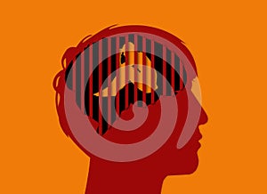 Depression, sad man crying sitting in a cage in the brain. Illustration of mental illness