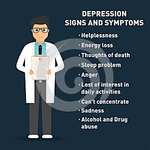 Depression signs and symptoms. Doctor with medical clipboard . Healthcare poster template