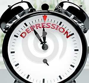 Depression soon, almost there, in short time - a clock symbolizes a reminder that Depression is near, will happen and finish