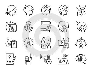 Depression and stress icon set. It included serious, angry, moody, aggressive, annoying, and more icons. Editable Vector Stroke. photo