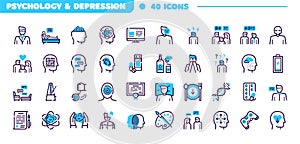 Depression symptoms blue linear vector icons set