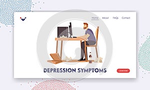 Depression Symtoms Landing Page Template. Overweight Male Character Sitting at Desk Working on Computer