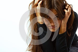 Depression, teen girl cried lonely isolated on white background. Loneliness, grief, mental health, sadness concept.