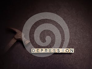 Depression text in vintage background. Stock photo.