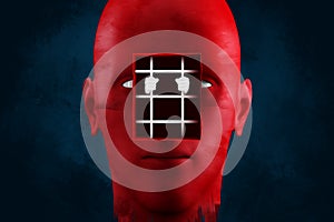 Depression, white hands behind bars in a red head symbolize problems, pessimism, loneliness. Unhappy, sad person. Modern design,